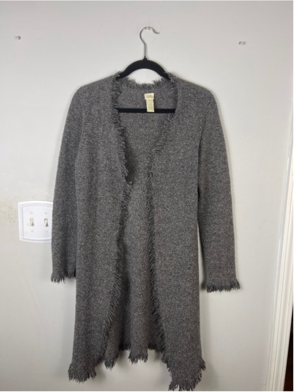 J Jill Petite Small Gray Merino Wool Fringe Open Front Cardigan Sweater Y2K